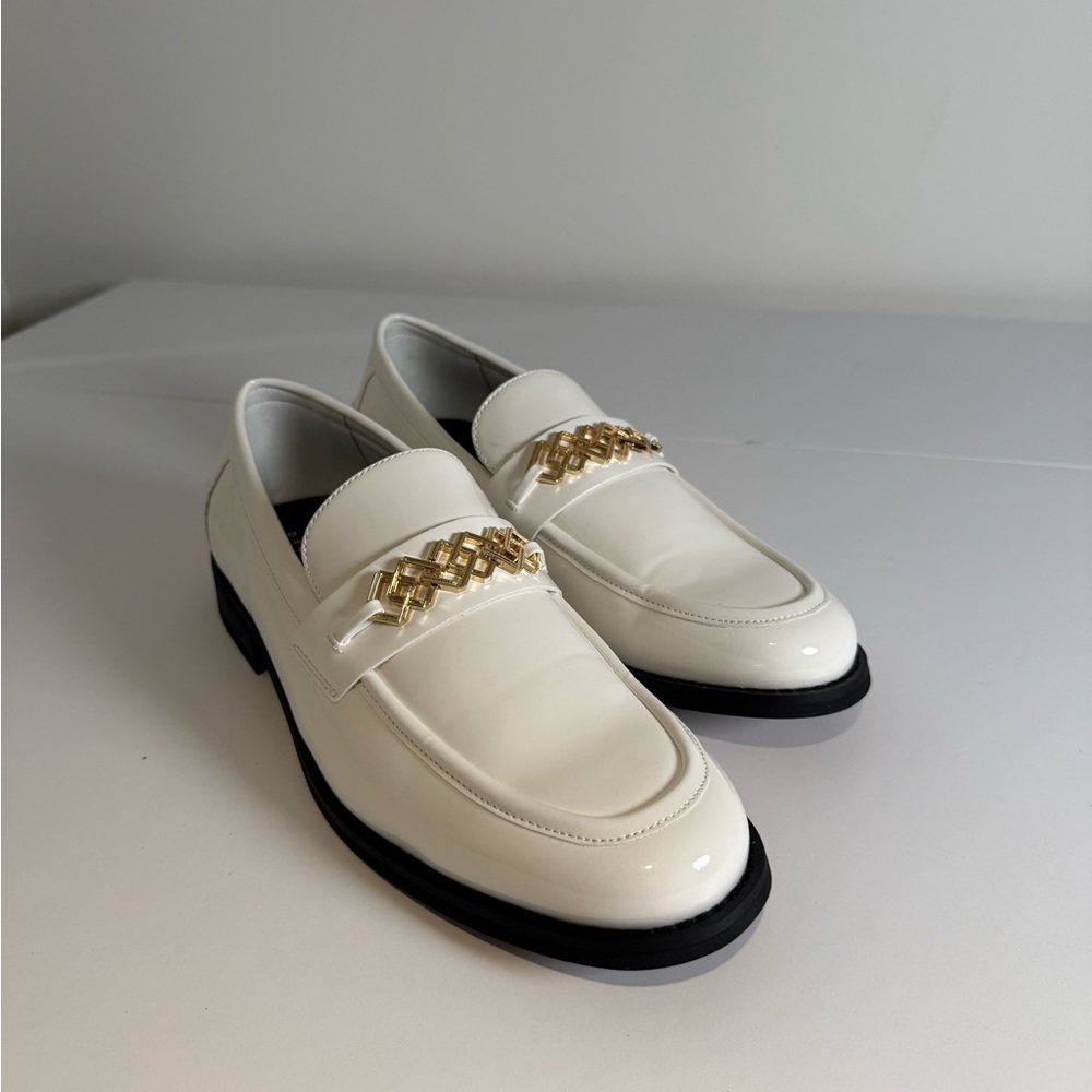 Mens White Patent Loafers with Gold Accent